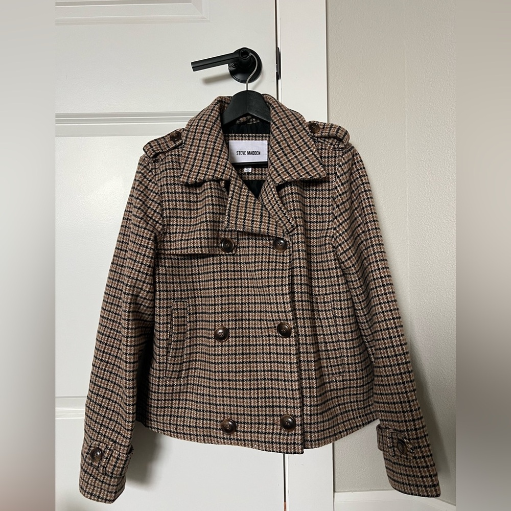 Steve Madden Short Trench Style Jacket Houndstooth Brown Size M
